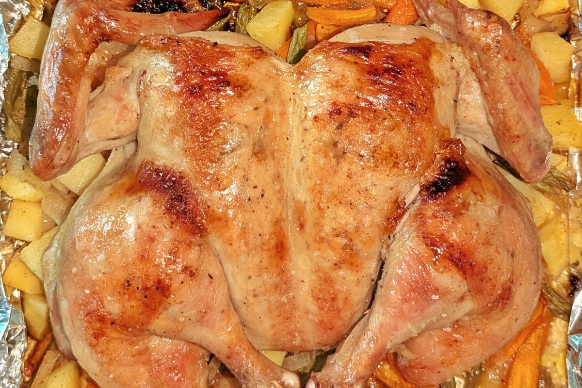 Spatchcocked Chicken with Root Vegetables